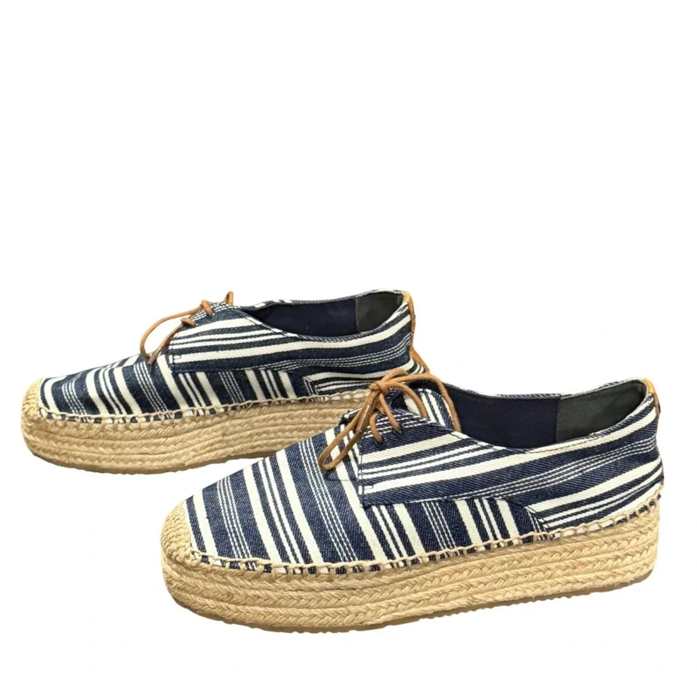 Tory Burch Florence Platform Espadrilles Women 9 Blue White Striped Canvas Shoes
